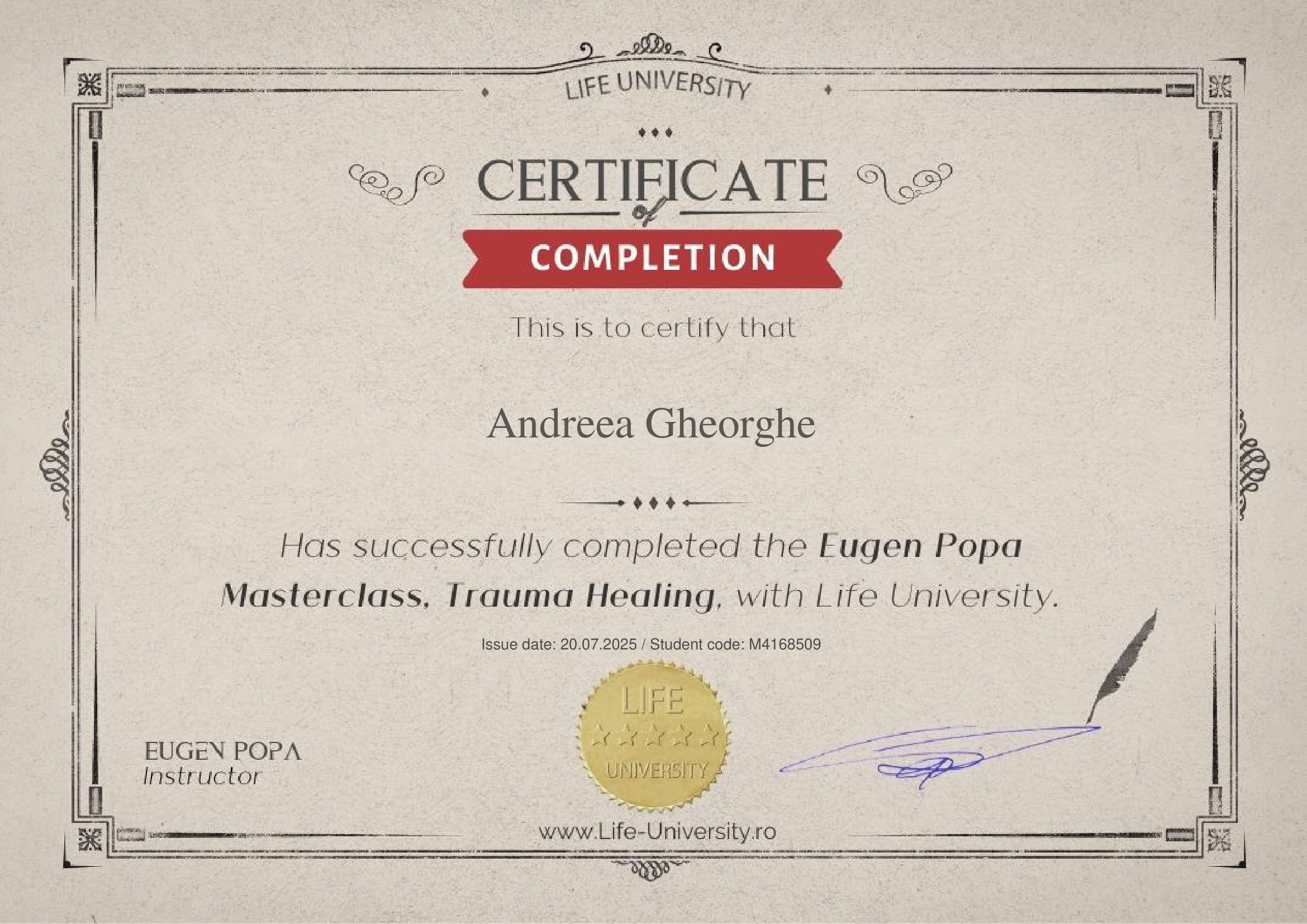 Certificare Curs Vindecarea Traumelor