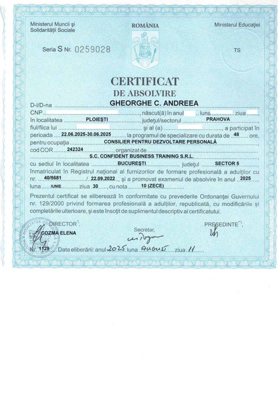 Certificat Consilier pentru Dezvoltare Personala
